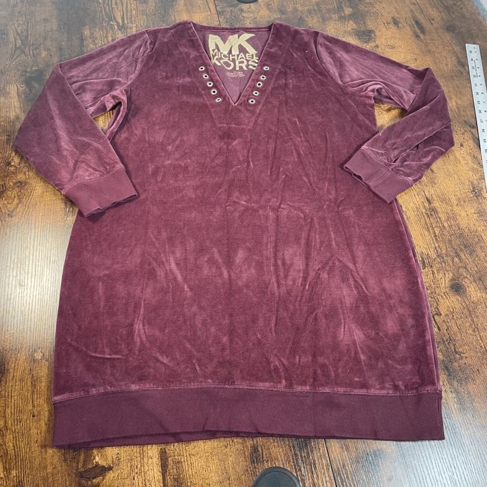 Michael Kors Women Purple Casual Velour Lace-Up V-Neck Long-Sleeve Dress XL.
